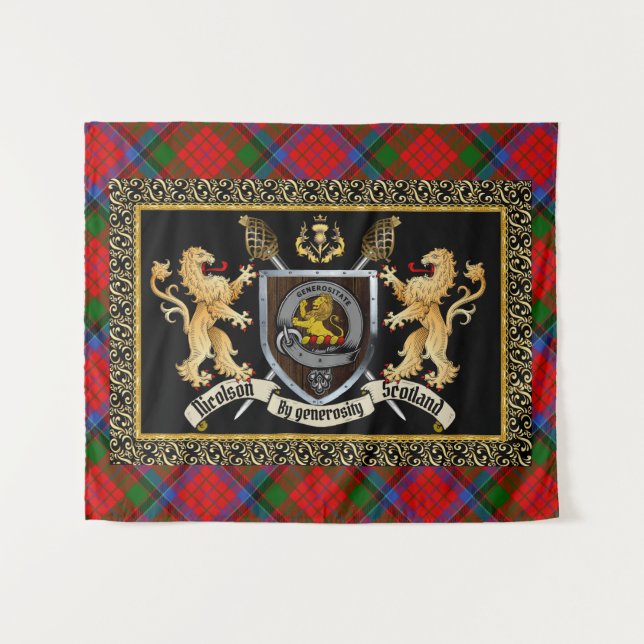 Nicolson Clan Badge & Motto w/Lions  Tapestry (Front (Horizontal))
