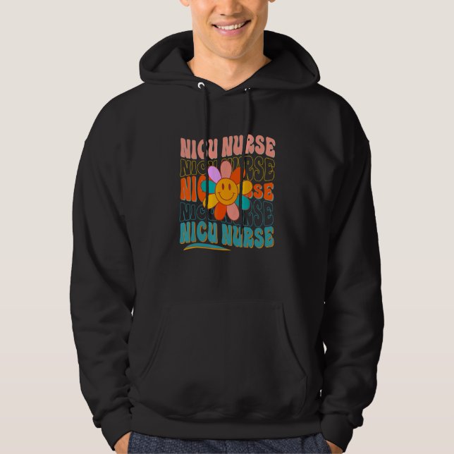 NICU Nurse L&D Neonatal Groovy Retro Flower Team T Hoodie (Front)