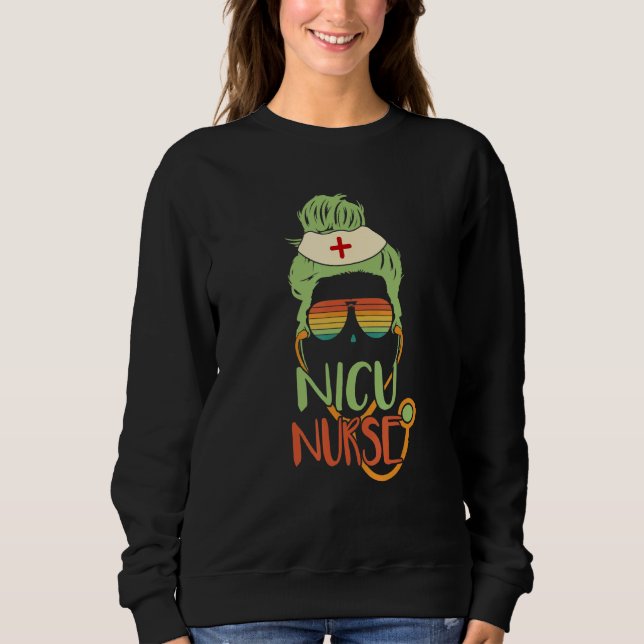Nicu Nurse Messy Bun Womens Retro Sunset Glasses Sweatshirt (Front)