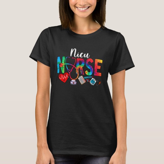 NICU Nurse Tie Dye Love Heart Stethoscope RN Nursi T-Shirt (Front)