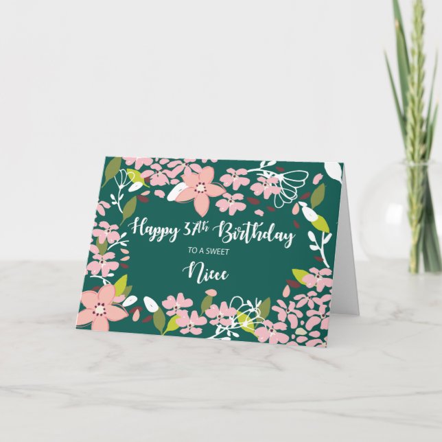 Niece 37th Birthday Green Flowers Card (Front)