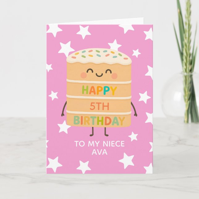Niece 5th Birthday Cute Cake Pink Custom Card (Front)