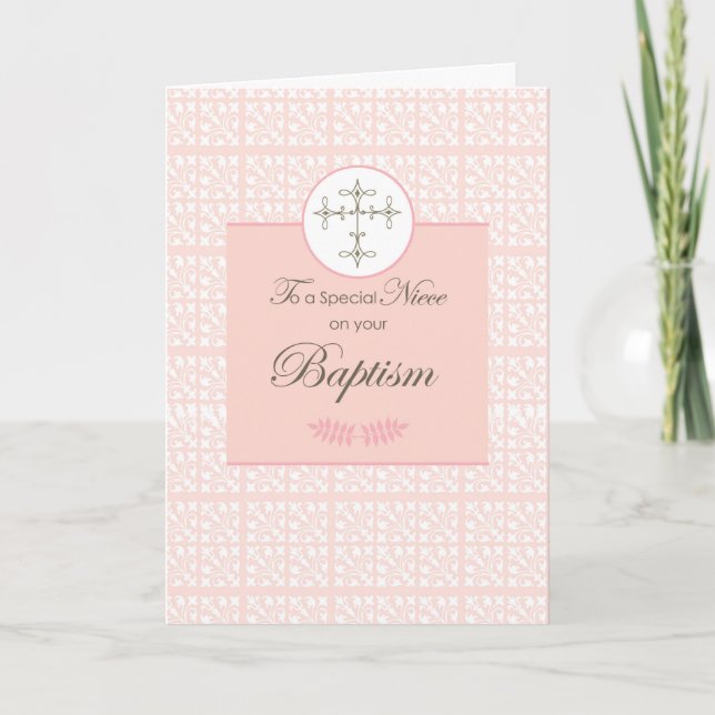 Niece Baptism Pink with Lace and Cross Card (Front)