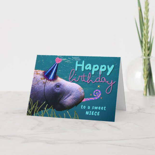 Niece Birthday Cute Manatee at Party Card (Front)