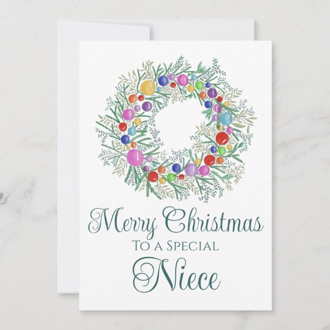 Niece Colourful Christmas Wreath Holiday Card (Front)