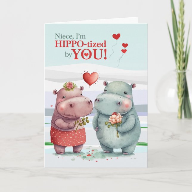 Niece Funny Hippopotamus Valentine's Day Holiday Card (Front)