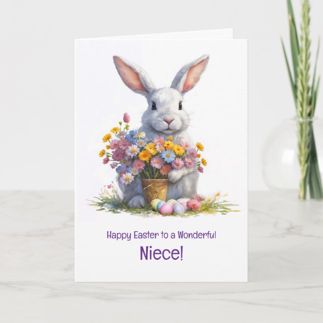 Niece Happy Easter with Cute Bnny and Flowers Card (Front)