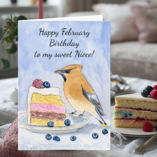 Niece Happy February Birthday Cedar Waxwing Card
