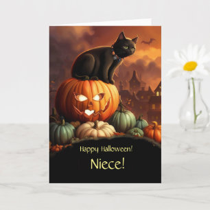 Niece Happy Halloween Cute Black Cat and Pumpkins  Card