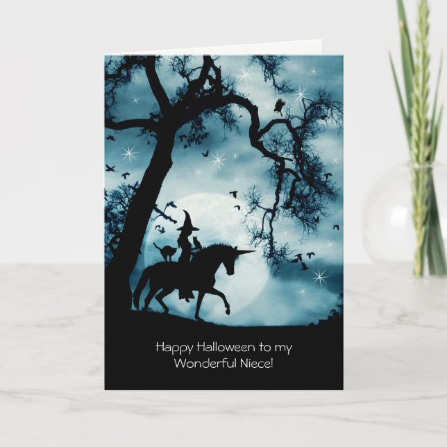 Niece Happy Halloween Cute Witch and Unicorn Card (Front)