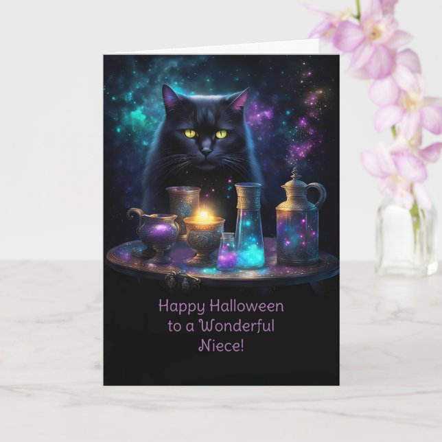 Niece Happy Halloween Fantasy Black Cat Cute Card (Orchid)