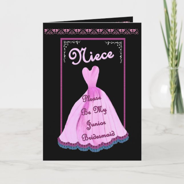 NIECE Junior Bridesmaid PINK Gown Flowered Trim Invitation (Front)
