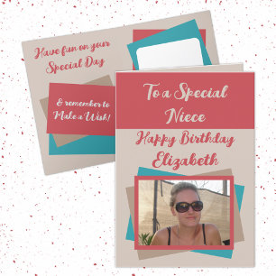 Niece photo name red turquoise birthday card