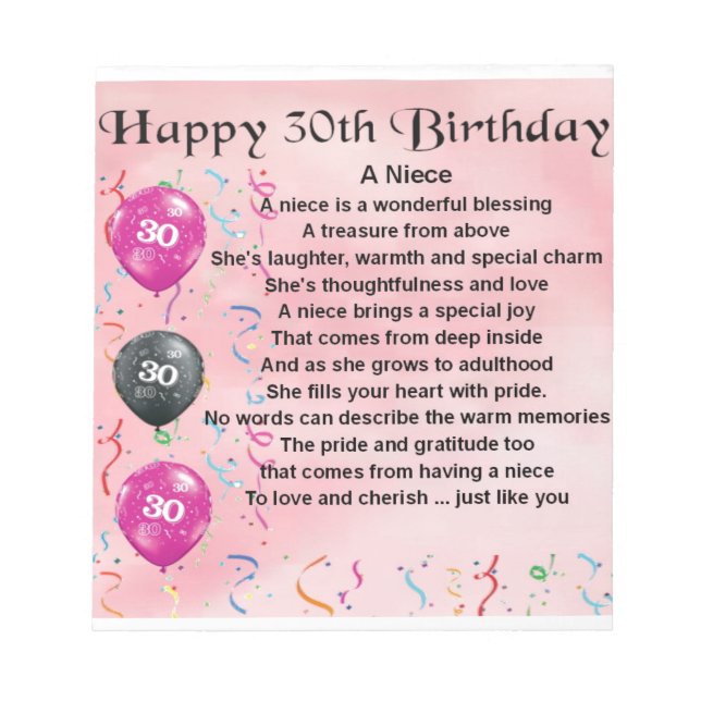 Niece Poem - 30th Birthday Notepad (Front)