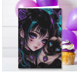 Niece's Birthday Anime Girl & Cat Card