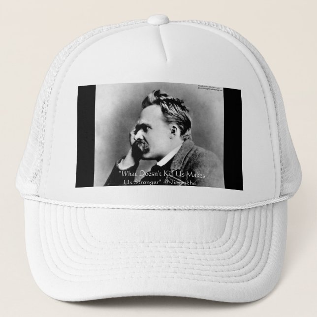Nietzsche "Doesn't Kill U" Quote Gifts & Tees Trucker Hat (Front)