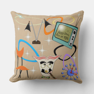 Nifty Fifties Iconic images on Sand Background Cushion