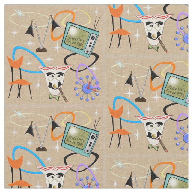 Nifty Fifties Iconic images on Sand Background Fabric (Close Up)