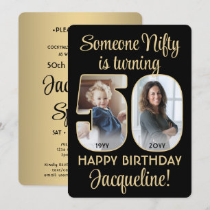 Nifty Fifty Black & Gold 50th Birthday Party Photo Invitation