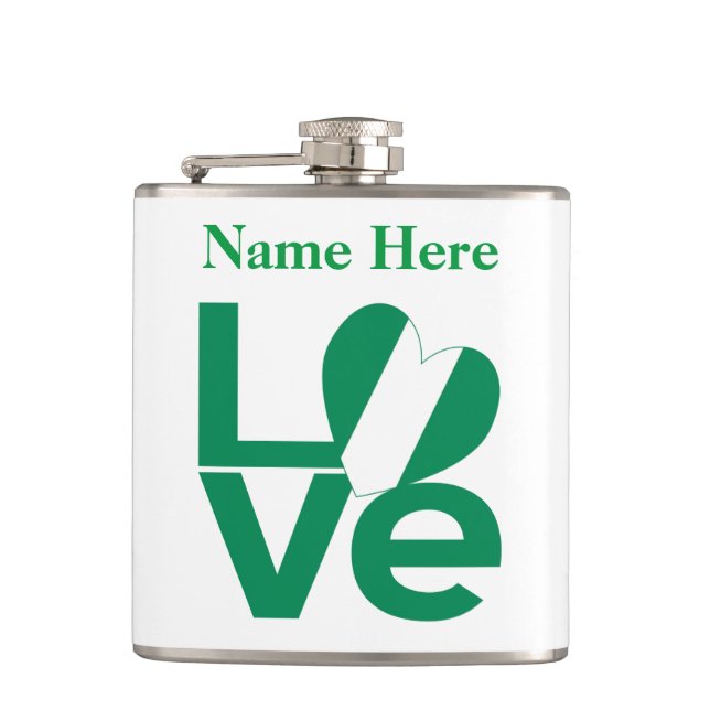 Nigerian Green LOVE Heart Flag Personalised  Hip Flask (Front)