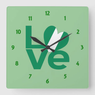 Nigerian Green LOVE Heart Flag Square Wall Clock