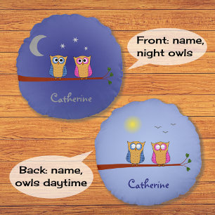 Night and day owls custom name two-sided round cushion