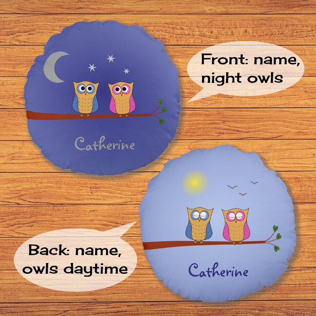 Night and day owls custom name two-sided round cushion (Creator Uploaded)