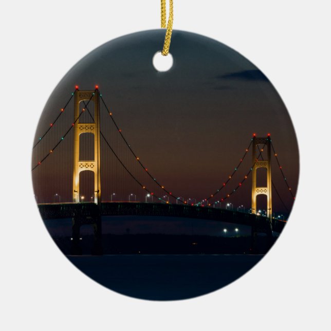 Night At Mackinac Bridge Ceramic Ornament (Front)