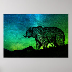 Night Bear And Aurora Borealis Poster