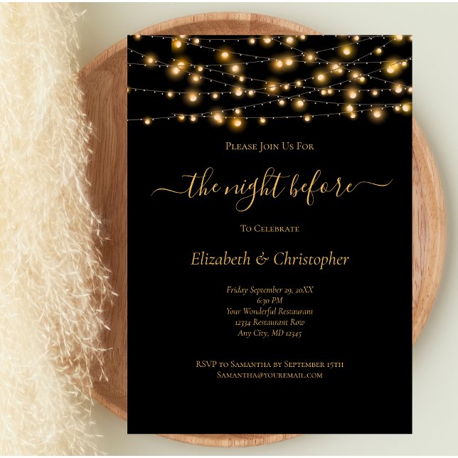 Night Before Black Gold Lights Rehearsal Dinner Invitation (Black Gold Lights Wedding Rehearsal Dinner Invitation. Printed or Digital)