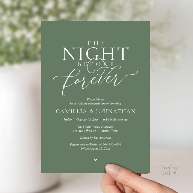 “Night Before Forever” Romantic Rehearsal Dinner Invitation (“Night Before Forever” Modern Romantic Rehearsal Dinner Invitation Card in sage green)