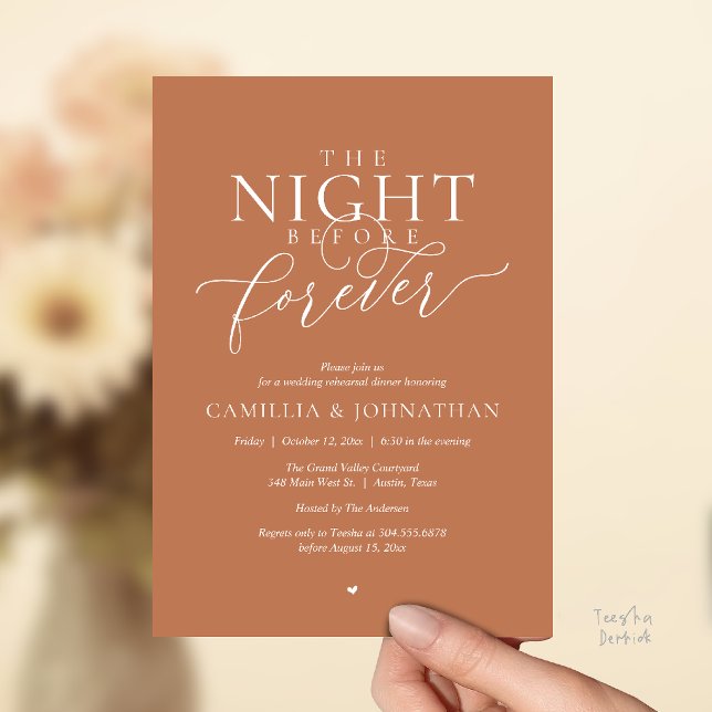 “Night Before Forever” Romantic Rehearsal Dinner Invitation (“Night Before Forever” Modern Romantic Rehearsal Dinner Invitation Card in brown terracotta copper)
