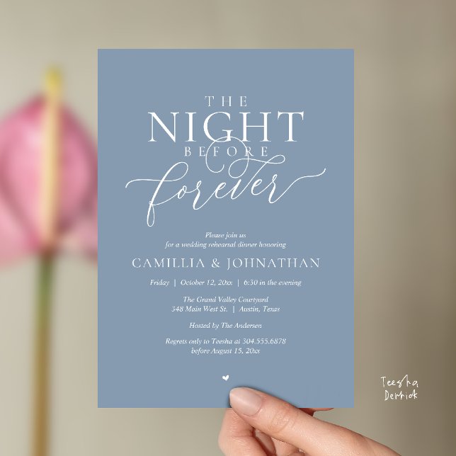 “Night Before Forever” Romantic Rehearsal Dinner Invitation (“Night Before Forever” Modern Romantic Rehearsal Dinner Invitation Card in dusty blue)