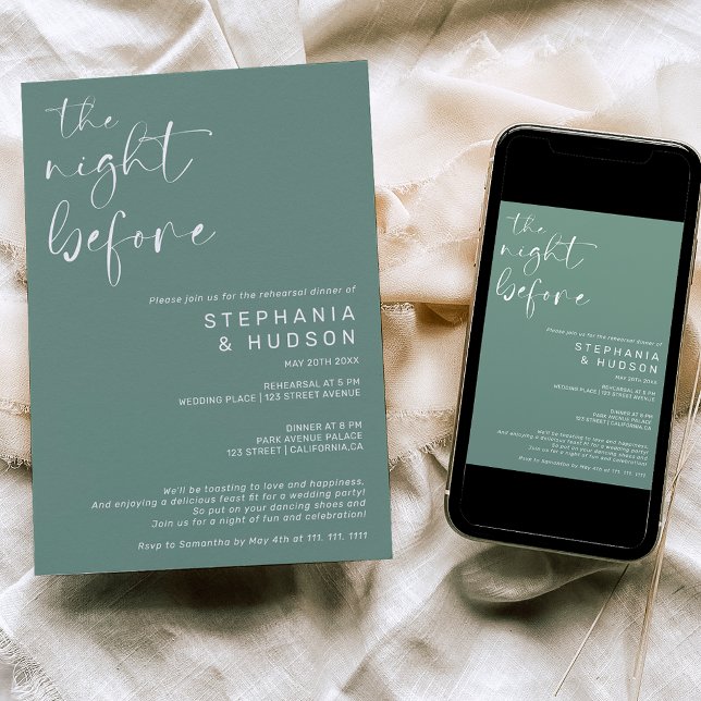 Night before sage green wedding rehearsal dinner invitation (Creator Uploaded)