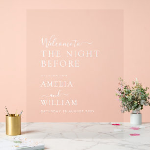 Night before simple white wedding rehearsal  acrylic sign