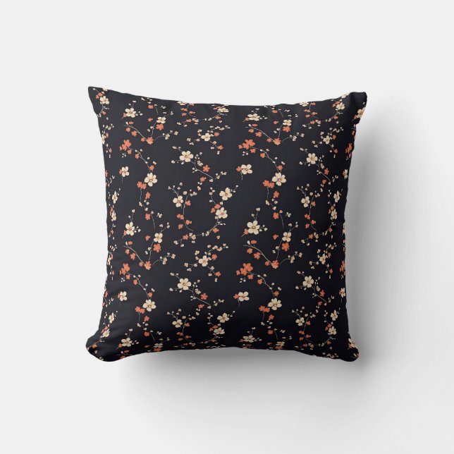 Night Bloom: Seamless Red Floral Pattern Cushion (Front)