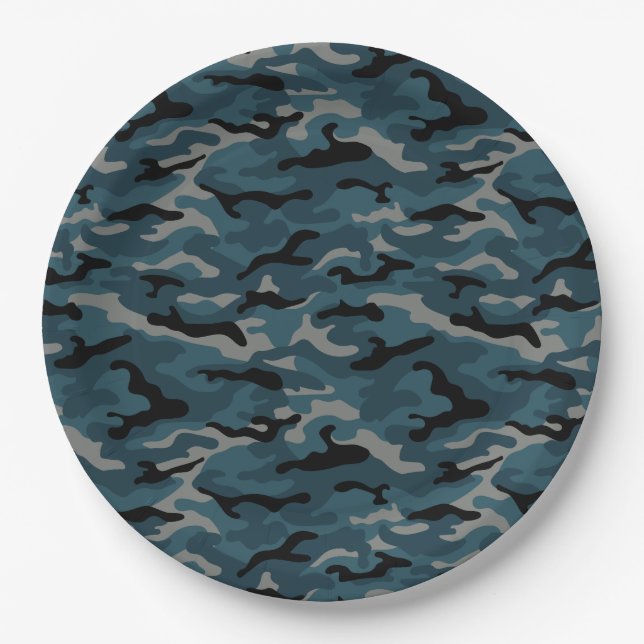 Night Blue Camo Camouflage Paper Plate (Front)