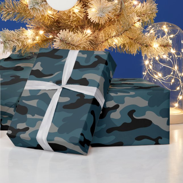 Night Blue Camo Camouflage Wrapping Paper (Holidays)