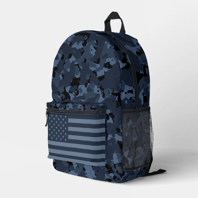 Night Camo American Flag Printed Backpack (Back Corner Right)