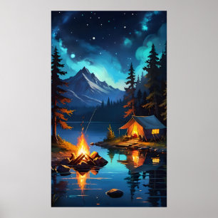 Night Campfire and Mountain View Poster