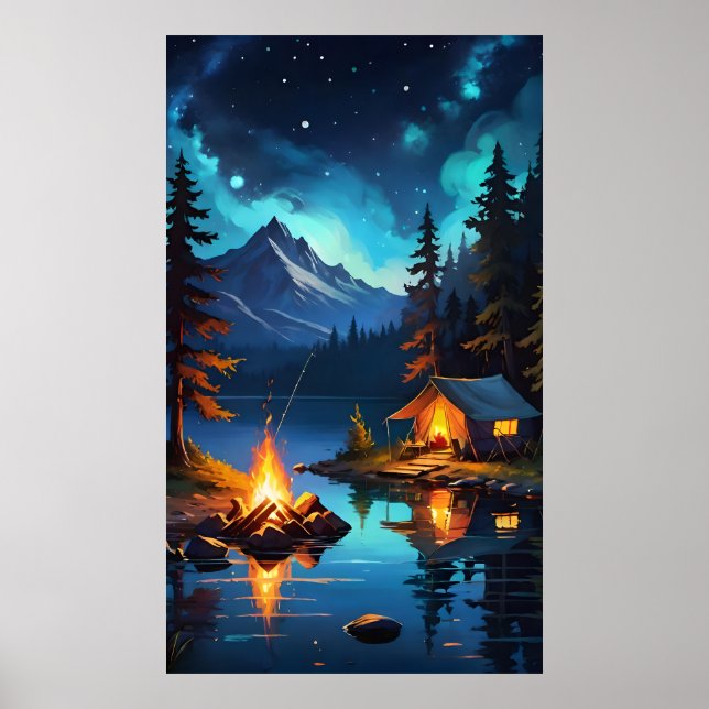 Night Campfire and Mountain View Poster (Front)