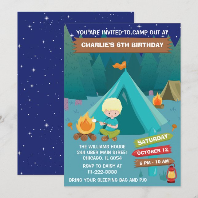 Night Camping Birthday Party Blonde Hair Boy Invit Invitation (Front/Back)