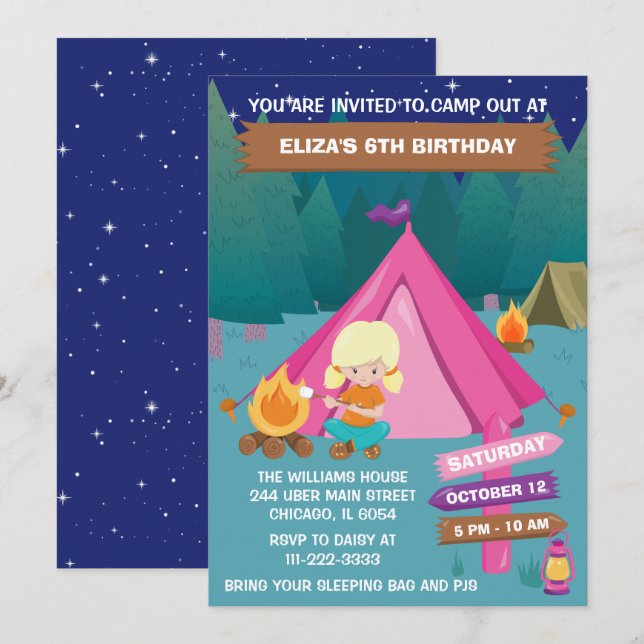 Night Camping Birthday Party Blonde Hair Girl Invi Invitation (Front/Back)