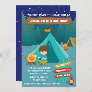 Night Camping Birthday Party Brown Hair Boy Invita Invitation