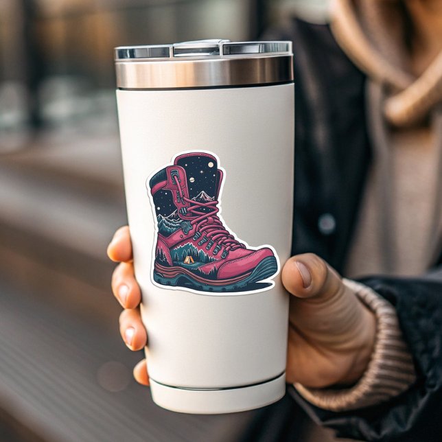 Night Camping Pink Hiking Boot Sticker | Die-Cut (Night Camping Pink Hiking Boot Sticker | Die-Cut by PiggyPrint Stickers)