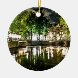 night canal in Amsterdam, Netherlands Ceramic Ornament