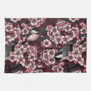 Night cherry garden tea towel