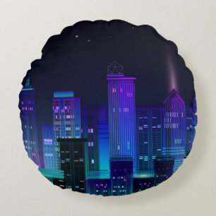 Night city panorama with neon glow on dark backgro round cushion