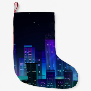 Night city panorama with neon glow on dark backgro small christmas stocking