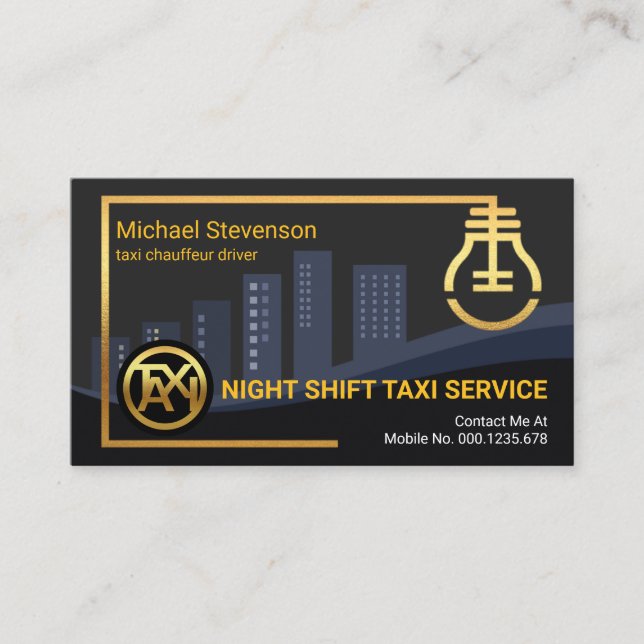 Night City Skyline Gold Bulb Taxi Stand Business Card (Front)